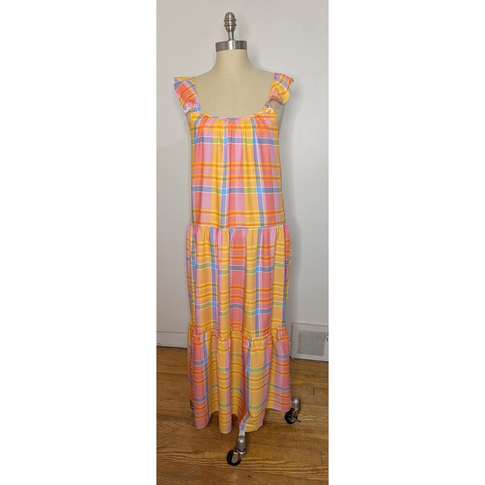 Madras Plaid Women Multicolor Tiered Maxi Dress L 12-14 Ruffle Strap Flowy